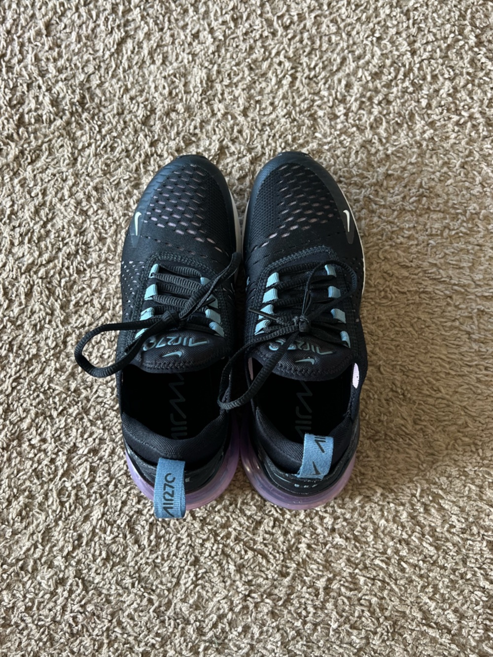 Nike Air Max 270s Black with Purple Heel and Light Blue Details
